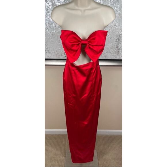 SAU LEE Esther Strapless Bow Cutout Red Satin Pencil Maxi Dress Size 8 - Picture 3 of 14